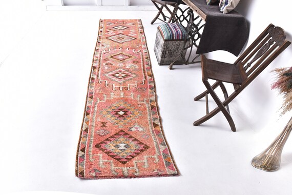 3x11 Peach Orange Vintage Runner Rug, 3x11 Vintage Runner, 3x11 Rug, Herki Handmade Wool Rug, 3x11 Runner, Herki Runner 3x11, Rug For Entry