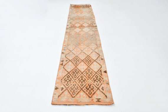 3x12 Runner Rug, 3x12 VINTAGE HERKI RUNNER Rug, 3x12, Turkish Runners, Wool Handmade Oushak, Shades Of Light Orange, Vintage Runner 3x12,