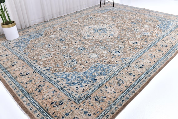 10x13 Antique Brown Persian Area Rug, Brown, Blue, Peach Color Rug, 10x13 Handmade Wool Rug, Large Area Rug, 10x13 Rug, Traditional Wool Rug
