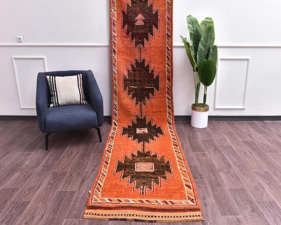 3x13 Vintage Traditional Wool Oriental Moroccan Runner Rug, Burnt Orange Brown Color