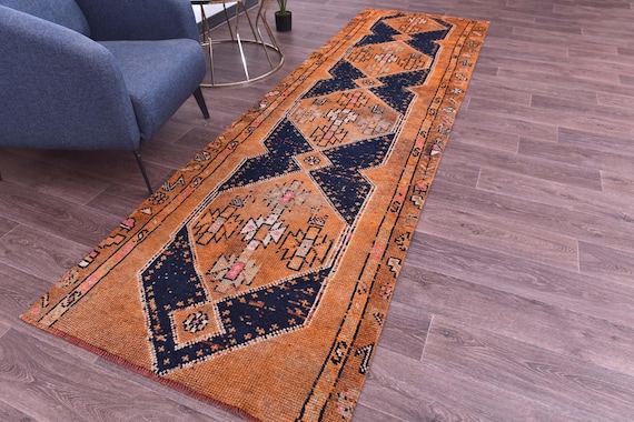3x11 Vintage Peach Runner Rug, Peach Navy Blue Color, Handmade Wool Rug, 3x11 Hallway Kithcen Rug, Soft Wool Rug 3x11 Traditional Runner Rug