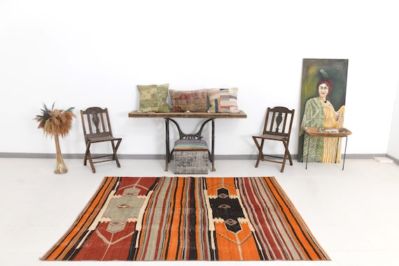5x7 Orange Black Striped Kilim Rug, 5x7 Kilim Rug 5x7 Rug Modern Hand Woven Kilim 5x7 Vintage Rug 5x7 Rugs For Living Room Tapis Gift Rug