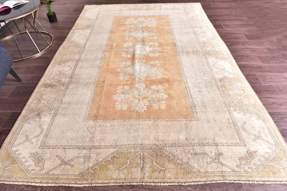 6x10 Vintage Turkish Faded Rug, Muted Orange Beige Color, 6x10 Handmade Wool Rug