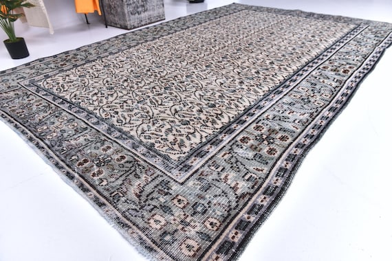 6x9 Vintage Teal Area Rug, 6x9 Blue Rug, Handmade Floral Rug, Turkish Vintage Rug, Living Room Rug, Patterned Rug 6x9, Decorative Area Rug