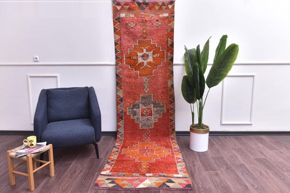 3x10 Vintage Tribal Runner Rug, Peach Black Cream Color, Handmade Soft Wool Rug, Hallway Runner Rug