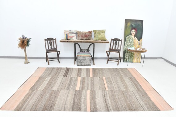 6x10 Area Rug, 6x10 Neutral Kilim, 6x10 AESTHETIC VINTAGE KILIM Rug, 6x10, Shades Of Samon & Brown Kilim, Turkish Handwoven Kilim, Anatolian