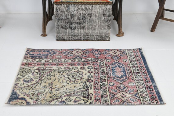 2x3 Turkish Vintage Door Mat, Door Mat 2x3, Rugs 2x3, Vintage Door Mat Rug, Handmade Rug, Outdoor Rug, Turkish Door Mat,Blue Beige Rug,6893
