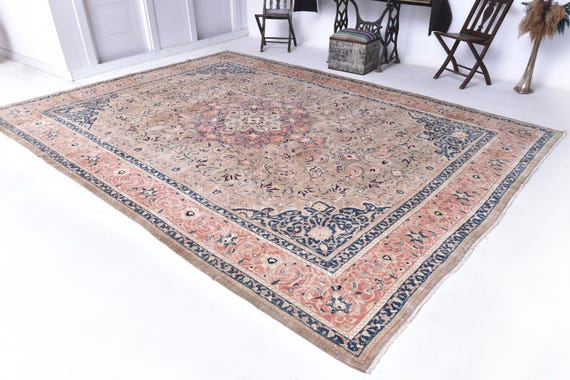 10x13 Red Navy Blue Persian Rug, Oversize Persian Rug, Large Area Rug, 10x13, Wool Handmade Persian, 10x13 Persian Rug, Red Blue Persian Rug