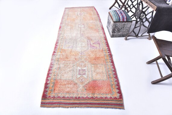 3x10 TURKISH HERKI RUNNER Rug, 3x10 Herki Runner, Vintage Handmade Wool Rug, 3x10 Rugs, Shades Of Red Orange Runners, Turkish Runner 3x10