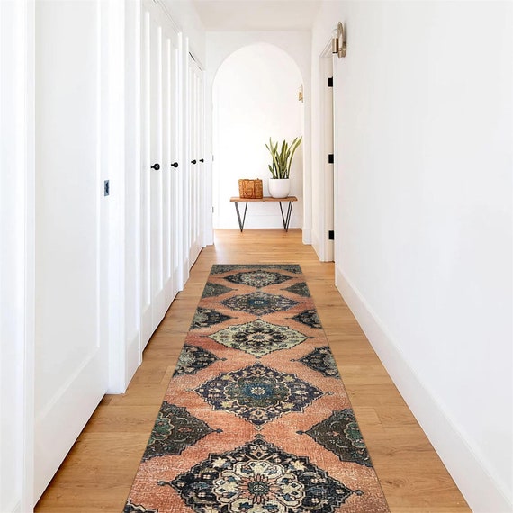 3x13 Runner Rug - 3x13 Persian Vintage - 3x13 Persian Vintage Runner Rug - Long Wide Handmade Wool Rug - 3x13 Rugs - Blue Orange Carpet 58s