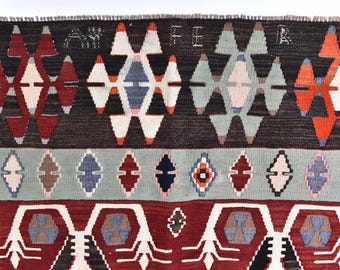 Antique Vintage Turkish Rug, 6x10 Color Block Tribal Kilim Kilim Area Rug Turkish Kilim Burgundy& Black Kilim Large Area Rug, 1983&#39;s Rug