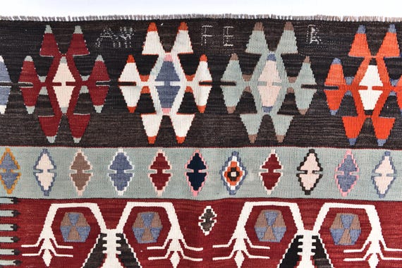 Antique Vintage Turkish Rug, 6x10 Color Block Tribal Kilim Kilim Area Rug Turkish Kilim Burgundy& Black Kilim Large Area Rug, 1983's Rug