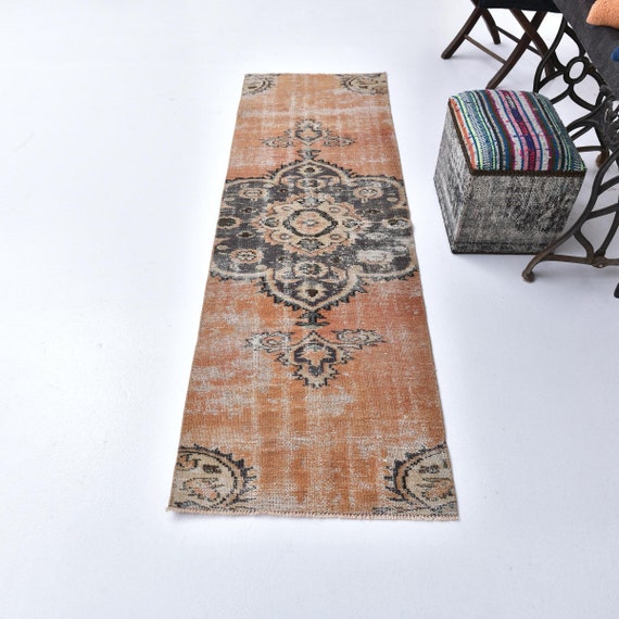 2x8 Orange Brown Vintage Runner, 2x8 Vintage Runner Rug, 2x8 Rug, Short Handmade Wool Rug, 2x8 Runner Rug, Turkish Runner 2x8, Home Living