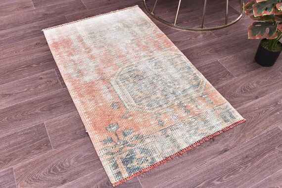 2x3 Vintage Small Accent Rug, Handmade Wool, Tribal Weave, Accent Rug, Peach Green Color