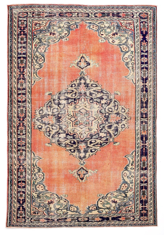 6x9 Vintage Terracotta Medallion  Rug, Handmade Turkish Pastel Color Rug, 6x9 Terracotta Rug,6x9 Wool Rug, Dining Room Rug, 6x9 Wool Rug