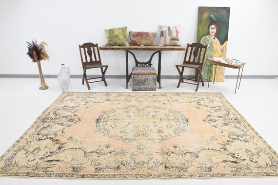 7x10 Beige & Brown Vintage Rug, Oversize Vintage Rug, Large Area Rug, Rugged Handmade WoolRug, 7x10 Rug, Vintage Rug 7x10, Antique Rug 7x10