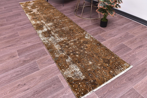 2x10 Vintage Overdyed Runner Rug, Handmade Wool Rug, 2x10 Golden Mustard Brown Color, 2x10 Floral Hallway Rug, 2x10 Kithcen Runner Rug