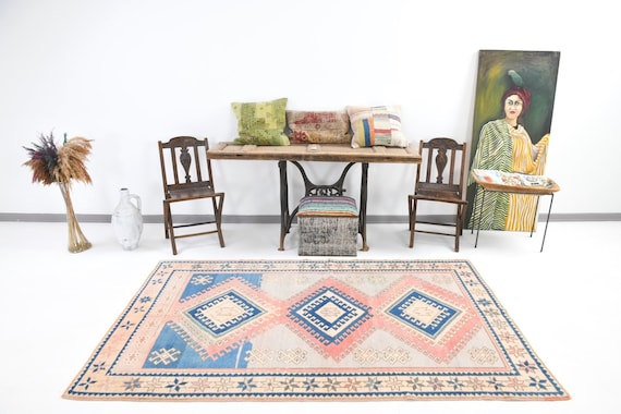 4x8 Area Rug, 4x8 ORIENTAL TURKISH VINTAGE Rug, 4x8, Vintage Area Rug, Wool Handmade Oushak, Shades Of Blue Salmon Rugs, Living Room Bedroom