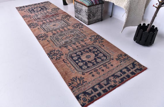 3x10 Vintage Peach Runner Rug, Faded Hallway Rug, Peach Blue Color, 3x10 Handmade Wool, Oriental Runner Rug, 3x10 Area Rug 3x10 Hallway Rug