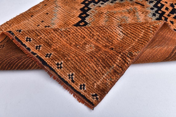 3x9 Super Soft Turkish Runner Rug, 3x9 Turkish Runner, 3x9 Rug, Thick Handmade Wool Rug, Pumpink Orange & Navy Blue Rug, Vintage Runner 3x9