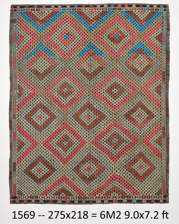 7x9 Rugs, 7x9 TURKISH WOOL KİLİM Rug, Vintage Kilim Rug, 7x9 Area Rug, Oushak Handmade Wool Rug, Pink & Blue Kilim, Turkey Rug, Bohemian 7x9