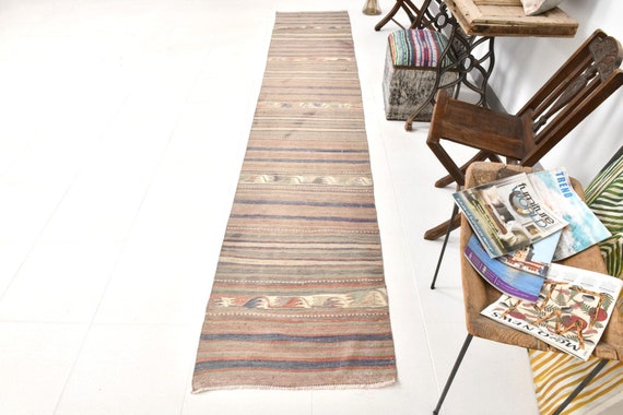 2x12 Runner Rug, 2x12 Pale Red & Blue Vintage Runner Rug, 2x12, Kilim Runnner, Wool Handmade Oushak, Mondern Striped Style, 2x12 Runners