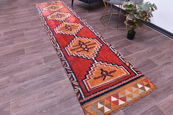 2x11 Vintage Turkish Runner Rug, 2x11 Red Orange Color, Handmade Wool Rug, 2x11 Turkish Runner Rug, Vintage Tapestry Wool Rug 2x11 Runner