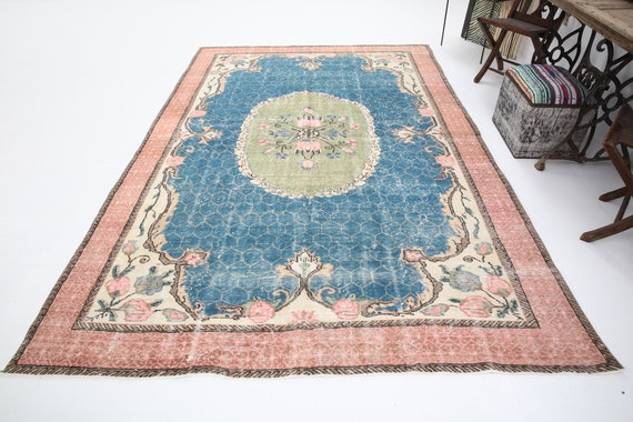 7x10 Vintage Blue Area Rug, Pink Border Oversized Blue Turkish Rug, 7x10 Vintage Rug, Large Area Rug, 7x10 Vintage Rug, Rug For Living Room