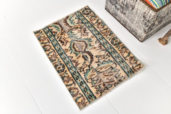 2x3 Green Cream Persian Doormat Rug, 2x3 Persian Doormat Rug, 2x3 Doormat Rug, Wool Handmade Turkish, 2x3 Rugs, 2x3 Vintage Rug, Antique 60s