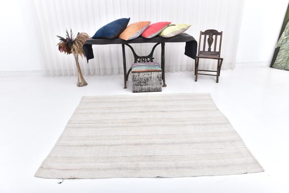 5x6 White - Ivory Modern Hemp Rug, 5x6 Hemp Rug, 5x6 Rug, Natural Handmade Hemp, 5x6 Vintage Rug, White Beige Carpet, Rug For Farmhouse Room