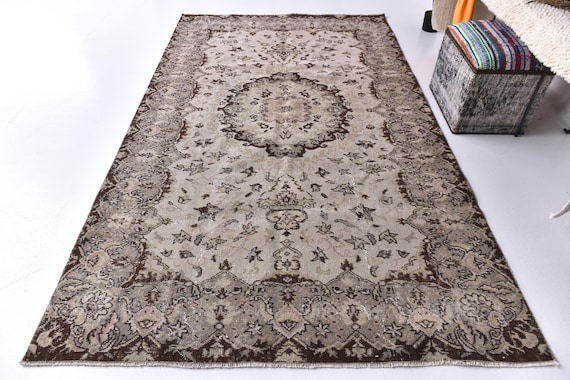 5x8 Vintage Brown Rug, Brown Cream Muted Green Color, 5x8 Handmade Wool Rug Living Room Bedroom Rug, 5x8 Antique Medallion Rug, 5x8 Area Rug