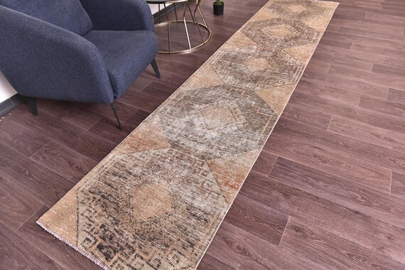 2x11 Vintage Faded Runner Rug, 2x11 Brown Color, 2x11 Handmade Wool Runner, 2x11 Kitchen Runner,  Farmhouse Entryway Decor, 2x11 Hallway Rug