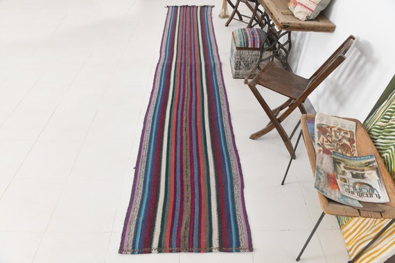 2x14 Rugs, 2x14 Long Pinstriped Kilim Runner Rug, 2x14, Kilim Runner, Turkey Handmade Oushak, 2x14 Rugs, Blue & Red Kilim, Rug For Hallway