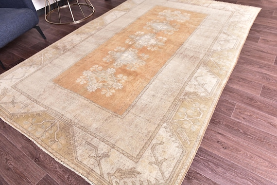 6x10 Vintage Turkish Faded Rug, Muted Orange Beige Color, 6x10 Handmade Wool Rug, 6x10 Soft Area Rug, 6x10 Living Room Rug, 6x10 Tribal Rug