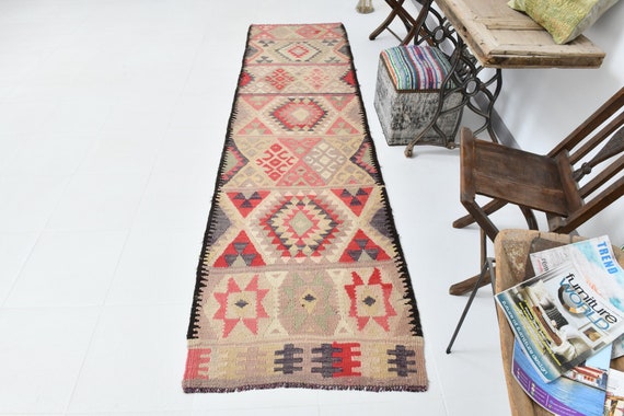 3x10 Rugs, 3x10 TURKISH VINTAGE RUNNER Rug, Pastel Vintage, 3x10 Runner Rug, Wool Handmade Kilim, 3x10 Vintage Runner, Pantone Pastel, Kilim