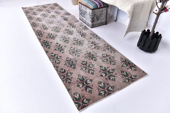 3x10 Rug, 3x10 Leaf Runner, 3x10 VINTAGE PERSIAN RUNNER Rug, 3x10 Green Brown Persian Runner, Handmade Wool Rug, Hallway Bedroom Runner Rug