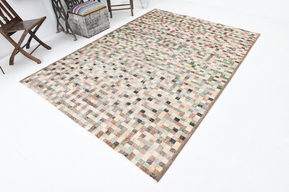 6x9 Turkish Vintage Chess Design Rug, 6x9 Rug, 6x9 Turkish Vintage Rug, 6x9 Vintage Rug, Multicolor Area Rug, Oriental Room Rug, Carpet,1490