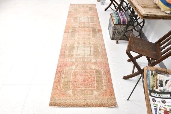 3x10 Soft Pastel Vintage Runner Rug, 3x10 Vintage Runner 3x10 Wool Handmade Rug 3x10 Runner Rug Shades Of Pale Red Beige Rugs For Hallway