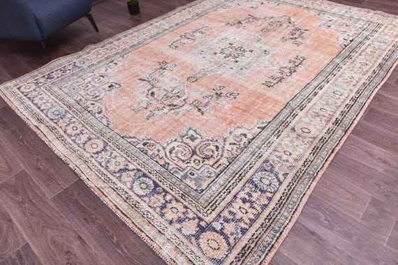 7x10 Vintage Faded Turkish Rug, Dusty Terracotta Green Rug, 7x10 Rug Handmade Wool Rug 7x10 Area Rug, 7x10 Faded Rug For Living Room Bedroom