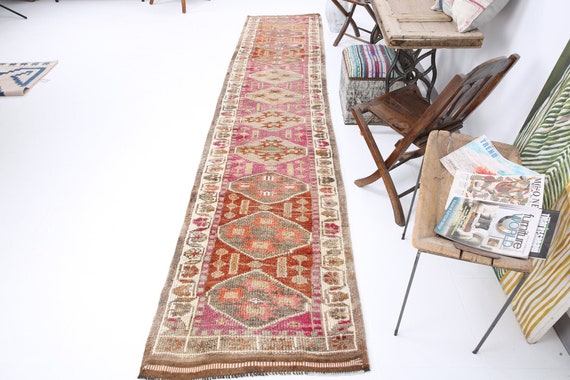 3x13 TURKISH RUNNER RUG, 3x13 Turkish Vintage Runner Rug, 3x13 Runner Rug, Handmade Oushak Rug, Brown Pink Turkey Rug, 3x13 Vintage Runner