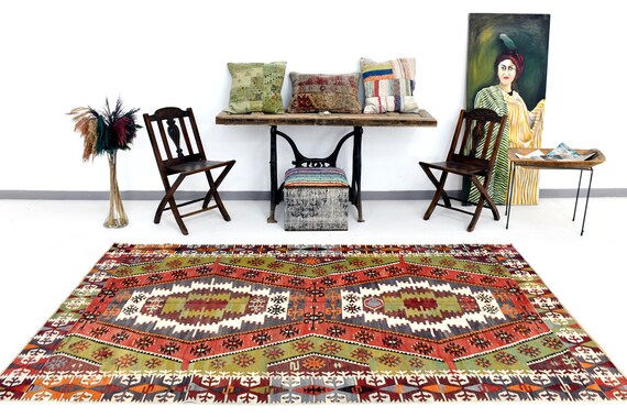 5x9 Area Rug, 5x9 Scandinavian Kilim, 5x9 Tribal Turkish Vintage Kilim Rug, 5x9, Handmade Wool Rug, 5x9 Rug, Green Red Kilim, Bohemian Chic