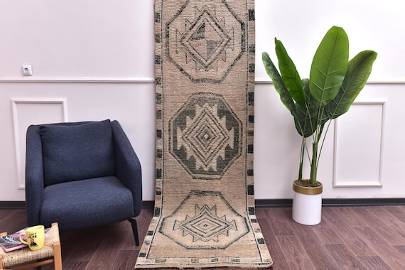 3x9 Vintage Runner Rug, Light Brown Green Color Hallway Kithcen Runner, Traditional Pattern, Soft Wool