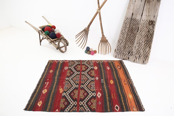 4x5 Area Rug, 4x5 Small Kilim, 4x5 VINTAGE TURKISH KILIM Rug, 4x5, Kilim Rug 4x5, Orange & Red Kilim, Wool Handmade Oushak, 4x5 Rugs, Gift
