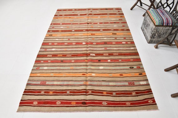 5x8 Area Rug, 5x8 Vintage Kilim, 5x8 TURKISH VINTAGE KILIM Rug, 5x8, Pinstriped & Modern Style, Wool Handmade Oushak, Light Brown Red Kilim,