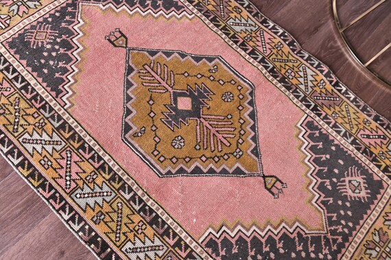 3x6 Turkish Small Accent Rug, Pink, Olive Green Color, 3x6 Medallion Style, Handmade Wool Rug, 3x6 Oushak Rug, Oriental Rug 3x6 Area Rug