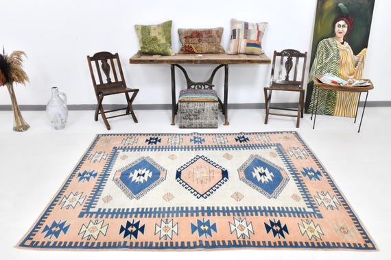 6x8 Area Rug, 6x8 Oriental Vintage, 6x8 Blue Beige Vintage Rug, 6x8 Rug, Wool Handmade Oushak, 6x8, Soft Handmade Oushak, Vintage Rug 6x8