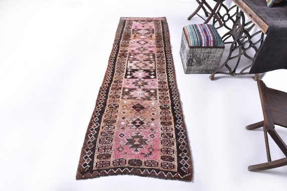 3x9 Pink Brown Turkish Runner Rug, 3x9 Turkish Runner, 3x9 Rugs, Handmade Wool Vintage Rug, 3x9 Runner Rug, Turkish Runner 3x9, Antique 57s