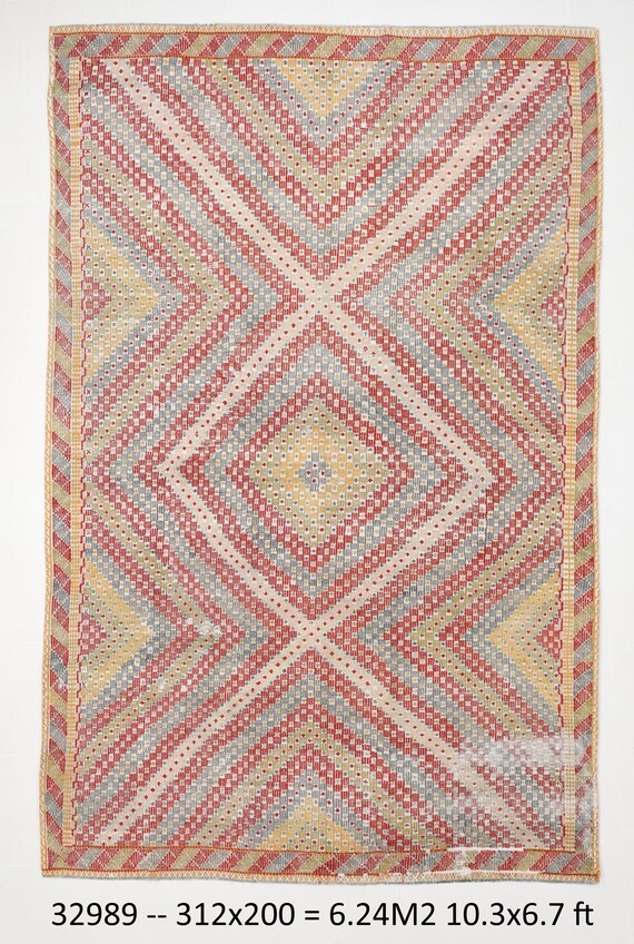 6x10 Vintage Turkish Kilim Rug, Red Yellow Green Color Rug, 6x10 Area Kilim Rug, Geometric Pattern Rug, Traditional Rug, Living Room Rug