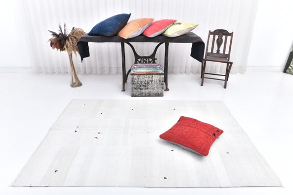 5x7 White & Black Hemp Rug, 5x7 Hemp Rug, 5x7, Organic Handmade Vintage, Modern Striped Style, 5x7 Area Rug, Rugs For Living Room Bedroom