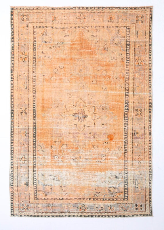 6x9 Area Rug, 6x9 Orange Vintage, 6x9 FADED TURKISH VINTAGE Rug, 6x9, Wool Hanmdade Oushak, 6x9 Rug, Orange & Brown Vintage, Antique  55s
